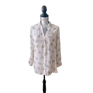 Kismet Sparrow Bird White Long Blouse Button Down Shirt Size Medium